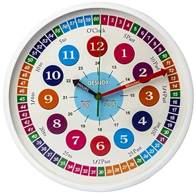 Image of Qesnox Kids Wall Clock Time Teacher Children Silent Non Ticking. for Bedroom, Office Clock. to Teach, Read and Learn tell the Time. (35CM)