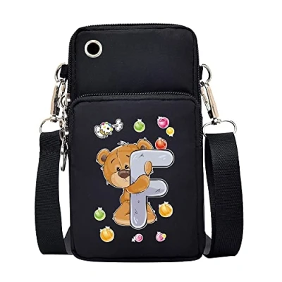 Image of FINDING CASE initial letter Printed Women Girls men Zipper Waterproof Nylon 3 Layers Crossbody Bags Wallet Cellphone Purse Shoulder Bag Wristlet Handbags Adjustable Strap (Bear F)