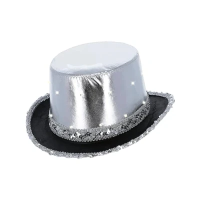 Image of Smiffys LED Light Up Metallic Top Hat, Silver with Elastic Inner Rim, Party &amp; Carnival Fancy Dress, Adult Dress Hats