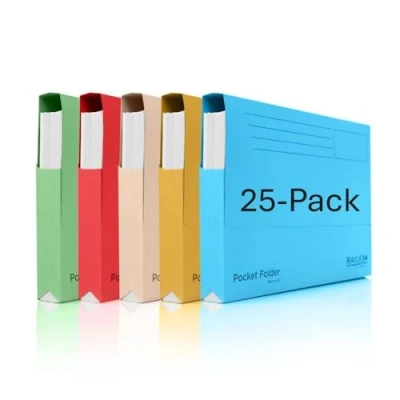 Image of Railex Pocket Folder Foolscap Document Wallets Assorted Folders for Paperwork A4 and A4+, Recycled Board File Wallet, Premium Filing Office Home Pack of 25