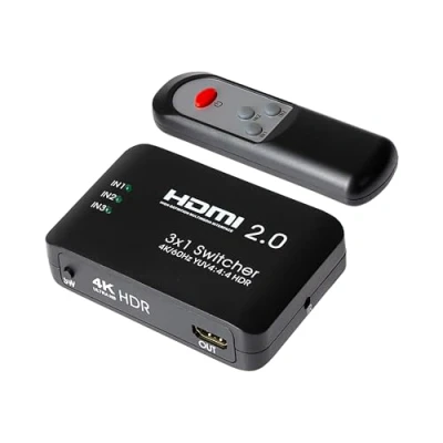 Image of Maplin HDMI Switch 3 in 1 Out, Aluminium 4K@60Hz Ultra HD 2.0 Switcher with Remote, Compatible TV Box, PS5/4, Xbox, Roku, Laptop, HDTV, Projector, Monitor