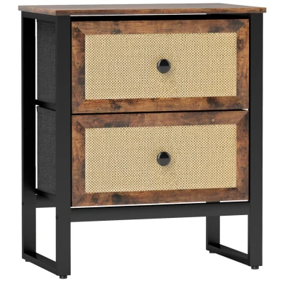 Image of HOMCOM Bedside Table, Side Table with 2 Rattan Drawers, Cabinet Storage and Steel Legs for Bedroom, Living Room, Rustic Brown