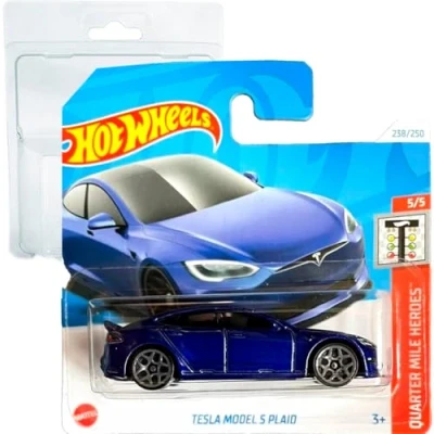 Image of Hot Wheels Tesla Model S Plaid Quarter Mile Heroes 5/5 (238/250) HRY91 Blue 2024 + Protector Short Card Frikimonkey