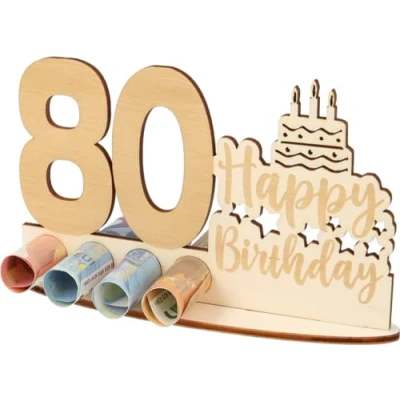 Image of WORTGEFECHTE Wooden Money Gift for 80th Birthday, Idea, Shopping Voucher, Money, Men and Women, Original Gifts (80)