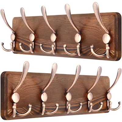 Image of SKOLOO Coat Rack Wall Mounted Pack of 2, Wooden, Heavy Duty, Rustic Hooks for Wall, with 5 Triple Hanging Clothes, Jacket, Hat(Brown &amp; Retro Red)
