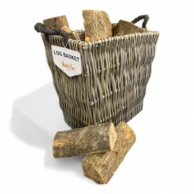 Image of Vanilla Leisure Log Basket Strong Construction Large Baskets for Wood Burner Indoors Fireplace Rectangular Logs Kindling Hessian Lined Wicker Hand Crafted Antique Willow.