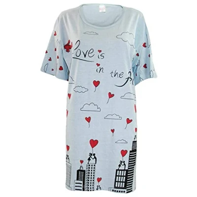 Image of True Face Ladies Nightdress Night Shirt Dress Womens Nighties Nightshirt Pyjamas Cotton (One Size, Love Sky)