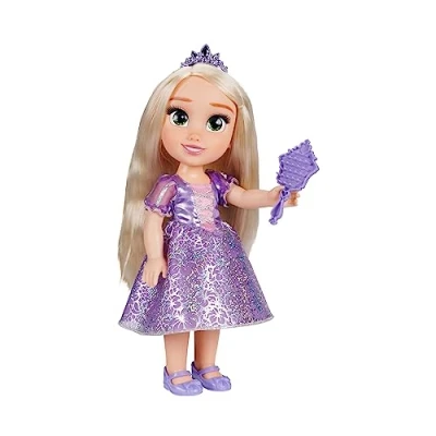 Image of Disney Princess Rapunzel Fashion Doll, 14 / 35cm Tall Doll with Royal Reflection Eyes Includes Shimmery Platinum Holofoil Printed Removable Dress, Shoes, Tiara and Brush, Perfect for Girls Ages 3+