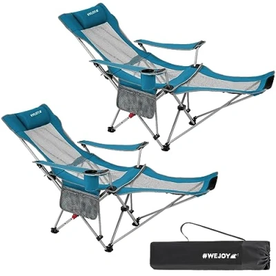 Image of #WEJOY Camping Chairs Folding Recliner Chair Adjustable with Detachable Footrest Headrest Cup Holder Lightweight Portable Reclining Camp Fold Up for Outdoor Beach Garden, Cyan Set of 2