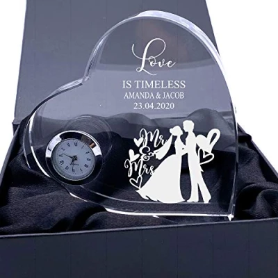 Image of ukgiftstoreonline Engraved Heart Crystal Glass Clock Wedding Gift Or Present