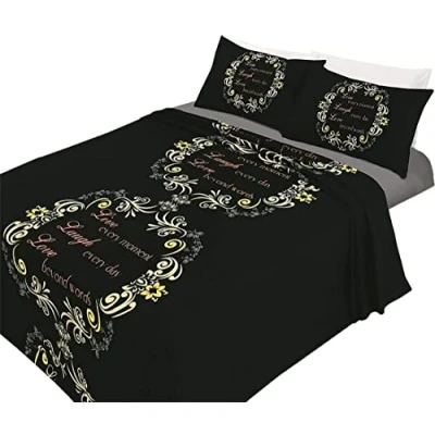 Image of Voice7 4pc Printed Flannel Sheets Set (Fitted Sheet, Flat Pillowcases Pair) Flannelette 100% Brushed Cotton Bedding (Asher Black, Double Bed)