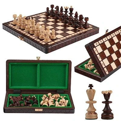 Image of Master of Chess Wooden Set with Pieces “PEARL 30 cm / 12 in Handcrafted Small Portable Board Game for Adults and Kids Solid Construction