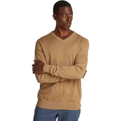 Image of Tommy Hilfiger Men’s V Neck Essential Cotton Jumper, Beige (Safari Canvas), S