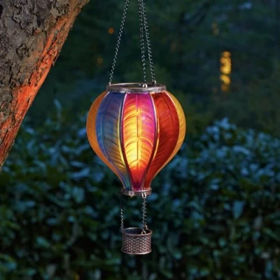 Image of Festive Lights Solar Cool Fiesta Realistic Flame Outdoor Hanging SMD LED Hot Air Balloon Lantern Rainbow Stain Glass Flaming Effect Light with Handle (Rainbow Lantern)