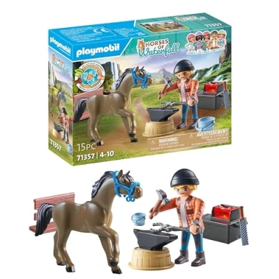 Image of Playmobil 71357 Horses of Waterfall Farrier Ben and Achilles, interactive horse care at Ranch, fun imaginative role play, sustainable playsets suitable for children ages 5+