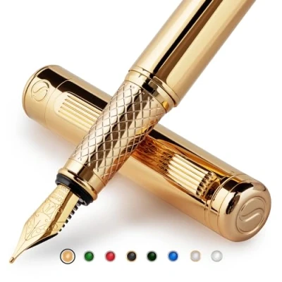 Image of Scriveiner Luxury Fountain Pen Stunning Gold Pen, 24K Finish, Schmidt 18K Gilded Nib (Medium), Converter, Best Gift Set for Men &amp; Women, Professional, Executive, Office, Nice Pens