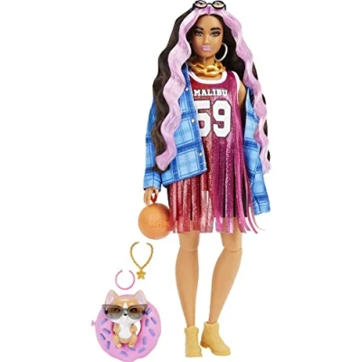 Image of Barbie Extra Doll #13 in Basketball Jersey &amp; Bike Shorts with Pet Corgi, 3 Year Olds Up, Black