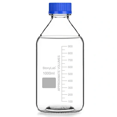 Image of stonylab Graduated Storage Bottles with GL45 Screw Cap, 1000 ml Glass Clear Round Lab Reagent Media Blue 1 Pack