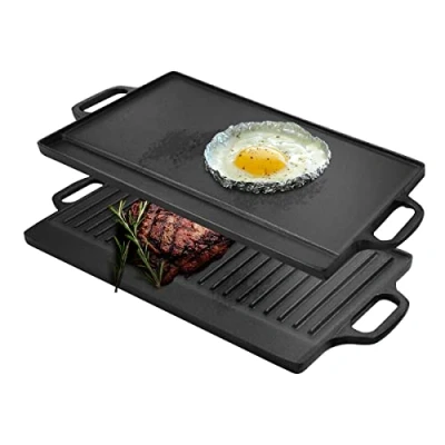 Image of Cast Iron Griddle Plate for Gas Hob, Pre seasoned Reversible Pan, Rectangular Grooved to Drain Fats Healthy Food Large Grill Pan &amp; Steak 45cm X 23cm