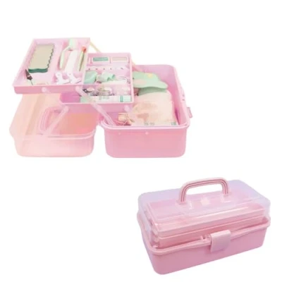 Image of Craftelier Storage case with 3 trays, closure and handle for materials tools scrapbooking other crafts Approximate size 32 x 13.5 18.5 cm Pink
