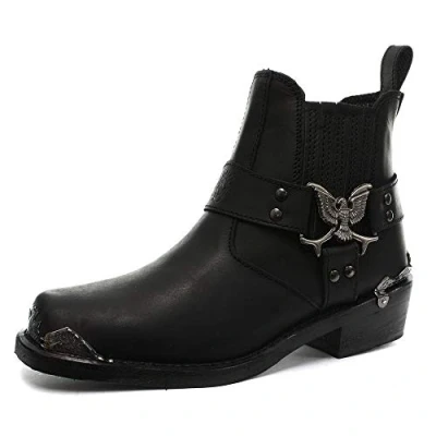 Image of Grinders Mens Black Biker Style Cowboy Boots Eagle Lo Western Leather (UK 10 / EU 44)