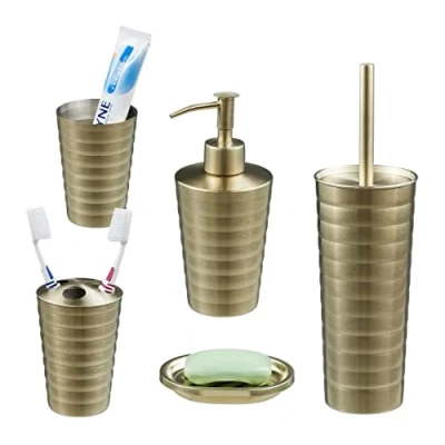 Image of Relaxdays 5 Piece Bathroom Accessory, Brushed Stainless Steel, Complete Toilet Set, Modern Design, Gold, 37 x 11 cm