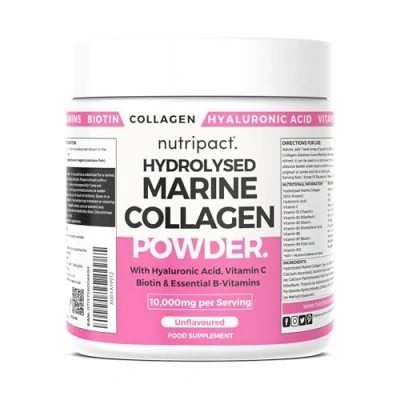 Image of Nutripact Marine Collagen Powder with Hyaluronic Acid, Biotin, Vitamin C &amp; B Vitamins 10,000mg Hydrolysed Peptides Types 1 3, Unflavoured, Odourless, Highly Bioavailable 30 Servings, 300g