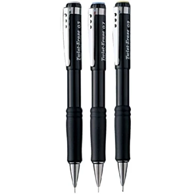 Image of Pentel Assorted Size Pack Twist Erase Automatic Pencil Mechanical Drafting Lead Black Barrel Refillable QE515 (1 Of Each 3 Pens 0.5mm, 0.7mm, 0.9mm)