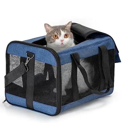 Image of HITSLAM Pet Carrier Cat Soft Sided Travel for Cats, Small dogs, Kittens or Puppies, Collapsible, Durable, Airline Approved, Friendly Grey (M)