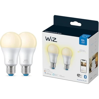 Image of WiZ Smart Bulb, Dimmable White [E27 Edison Screw] 60W, LED Connected WiFi Works with Alexa, Google Assistant &amp; HomeKit, App Control for Home Indoor Lighting, Livingroom, Bedroom. 2Pack