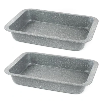 Image of Salter COMBO 8051A Marblestone 36cm Roasting Pan, Set of 2 Non Stick Bakeware, PFOA Free Durable Grey Carbon Steel, Meat, Fish &amp; Vegetable Roaster, Deep Oven Safe to 220C, Easy Clean
