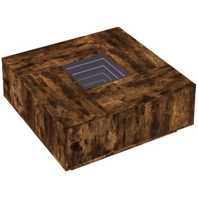 Image of vidaXL Coffee/Side/End Table Smoked Oak, 100x100x40 cm, LED Infinity Mirror, RGB Lights, Engineered Wood for Living Room/Bedroom
