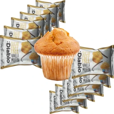 Image of Diablo Chocolate, Chocolate Chip,Vanilla Cupcake Sugar Free Sweetened with Maltitol Perfect for Gifting Halal &amp; Kosher Approved 45g Each (Vanilla, Pack of 12)