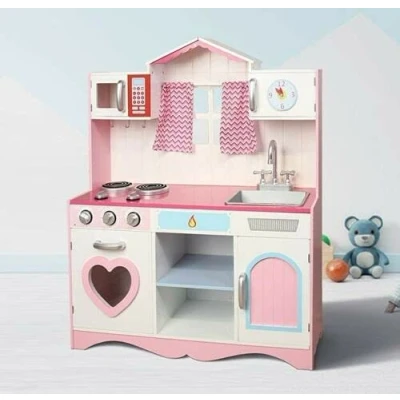 Image of Large Kids Wooden Play Kitchen With Utensils Toys Children&#039;s Role Pretend Set Toy (Pink)
