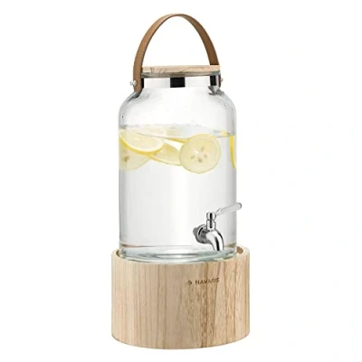 Image of Navaris Glass Drinks Dispenser with Tap 5.6L (1.5 Gallon) Beverage Wooden Stand and Stainless Steel Spigot For Hot or Cold