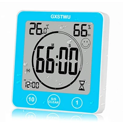 Image of GXSTWU Digital Timer Shower Clock Waterproof Clocks for Bathroom Kitchen Thermometer Hygrometer Wall with Suction Cup Hanging Hole Stand Magnet Blue
