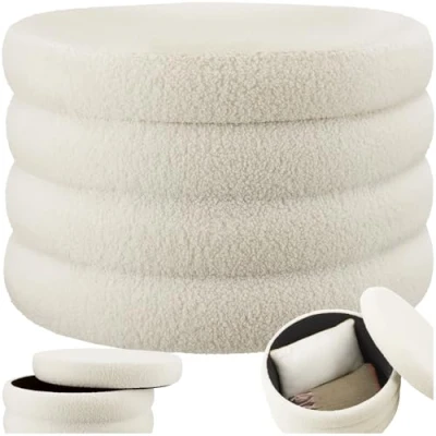 Image of TecTake® XL Storage Stool in Scandi Style with Soft Bouclé Cover &amp; Space, Ottoman Padded Seat Sturdy MDF Frame, No Assembly, Footstool for Bedroom Living Room Cream/White