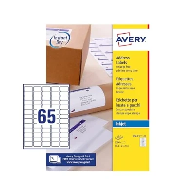 Image of Avery Printable, Customisable Mini Organising Return Address Labels, Inkjet Printers, 65 Labels Per A4 Sheet, 6500 Quickdry (J8651), White