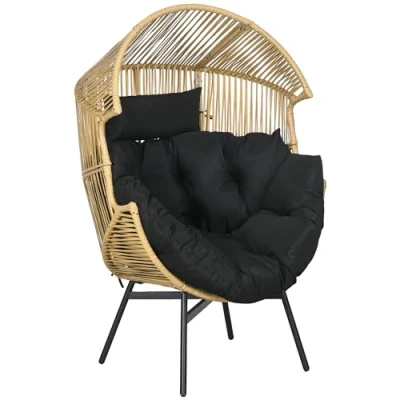 Image of Outsunny PE Rattan Leisure Chair with 14cm Thick Seat Cushion, Steel Frame Garden Egg Comfortable Headrest, Adjustable Feet, Sand
