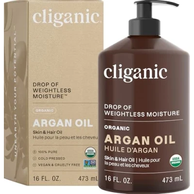 Image of Cliganic Organic Argan Oil, 100% Pure (473ml) Moroccan Oil for Hair, Face &amp; Skin Natural Cold Pressed Carrier Certified 90 Days Warranty