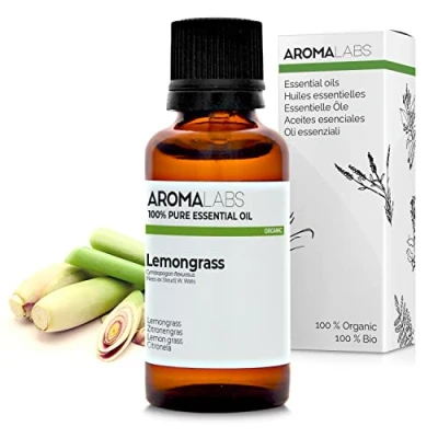 Image of Aroma Labs Olio Essenziale di Citronella o Lemongrass Certificato Bio Ecocert 100% Puro, Naturale, Integrale Chemiotipo e Composizione Biochimica Garantiti Ecopackaging Made in France 30ml