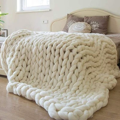 Image of Blanket Chunky Knit Merino Wool Hand Made Knitted Throw Soft Sofa for Bed Chair Couch Cover Living Room Blanket,White,120 * 150cm