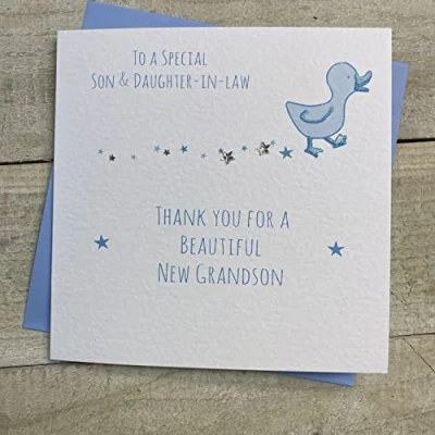 Image of White Cotton Cards SON &amp; DAUGHTER IN LAW THANKYOU FOR GRANDSON LITTLE DUCK NEW BABY CARD, HAND FINISHED (S258)