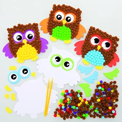Image of Baker Ross FE643 Owl Pom Kits Pack of 5, Crafts for Children to Make, Decorate and Display, Creative Activities Kids