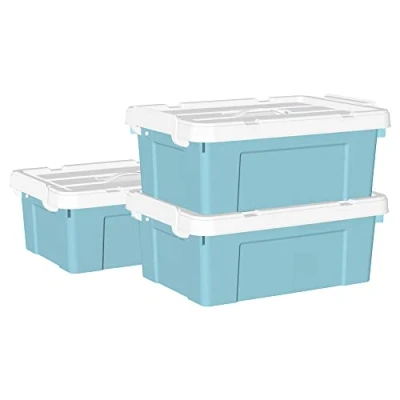Image of Cetomo 15L*3 Storage Boxes, Carry Plastic Box with Lids, Organizing Container Handle and Secure Latching Buckles, Stackable, Nestable, Tote Bin for Home Office Clothes, 15L 3Pack, Blue