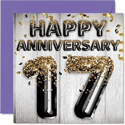 Image of Awesome 17th Anniversary Card for Husband Boyfriend Wife Girlfriend Black Gold Glitter Balloons Happy 17 Cards from Family, 145mm x Greeting Seventeenth Anniversaries