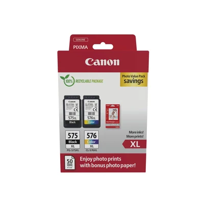 Image of Canon PG 575XL / CL 576XL High Yield Genuine Ink Cartridges, Pack of 2 (1 x Black, 1 Colour); Includes 50 sheets 4x6 Photo Paper Cardboard Multipack