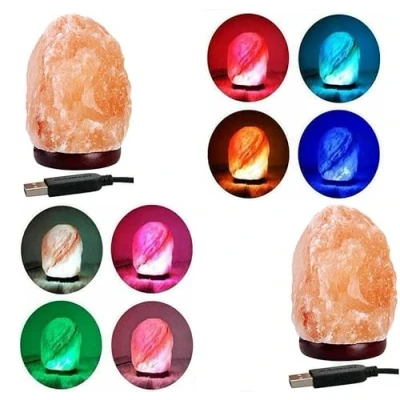 Image of Himalayan Pink Salt 8 Colour Changing USB Rock Lamp Natural Light Glow Hand Crafted Night for Lighting Mini Home Decoration (Pack of 2)