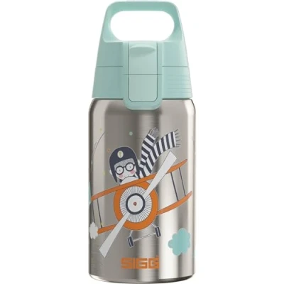 Image of Sigg Stainless Steel Kids Water Bottle Shield One Fly Away Suitable For Carbonated Beverages Leakproof Lightweight BPA Free Brushed with Helicopter 0.5L