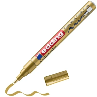 Image of edding 753 gloss paint marker calligraphy gold 1 nib 2.5 mm for glass, stone, plastic, paper waterproof, highly opaque bullet journals, hand lettering